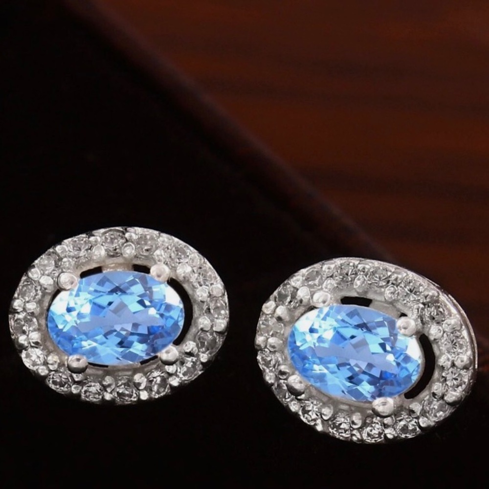 Blue spinel oval gemstones, Sterling silver 925 studded earrings